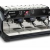 This image is a front-side view of the Rancilio Classe 11 USB espresso machine in Midnight Blue with 3 groups traditional height and volumetric dosing controls.